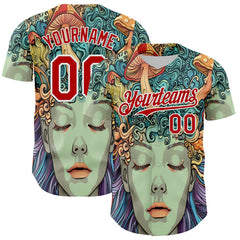 Maxcorners Custom Green Red-White 3D Pattern Design Rave Party Trippy Magic Mushroom Authentic Baseball Jersey LM0609