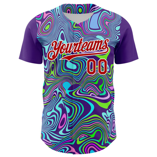 Maxcorners Custom Purple Red-White 3D Pattern Design Rave Party Trippy Laser Fluid Premium Baseball Jersey LM0210