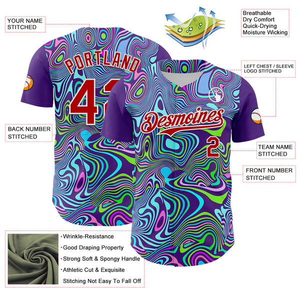 Maxcorners Custom Purple Red-White 3D Pattern Design Rave Party Trippy Laser Fluid Premium Baseball Jersey LM0210