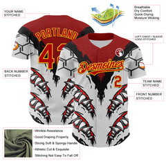 Maxcorners Custom White Red-Yellow 3D Pattern Design Burner Costumes Shark Teeth Premium Baseball Jersey LM0210