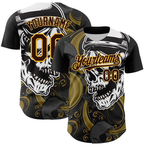 Maxcorners Custom Black Brown Yellow-White 3D Pattern Design Burner Costumes Skull Authentic Baseball Jersey
 LM0609