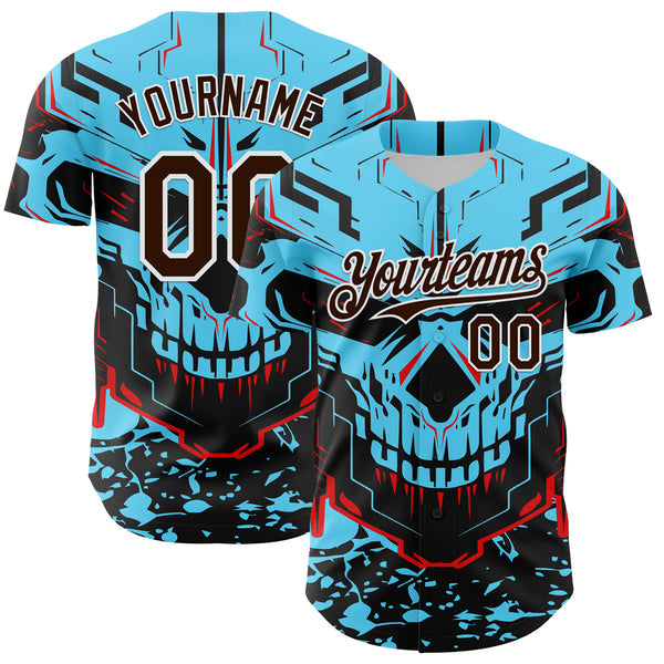 Maxcorners Custom Blue Brown-White 3D Pattern Design Burner Costumes Cyber Skull Authentic Baseball Jersey
 LM0609