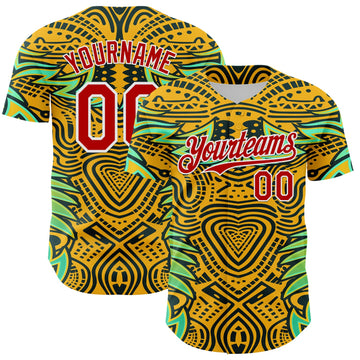 Maxcorners Custom Gold Red Black Green-White 3D Pattern Design Burner Costumes Tribal Premium Baseball Jersey LM0210