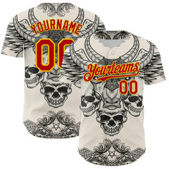 Maxcorners Custom Cream Red-Yellow 3D Pattern Design Burner Costumes Hell Skull Authentic Baseball Jersey LM0609