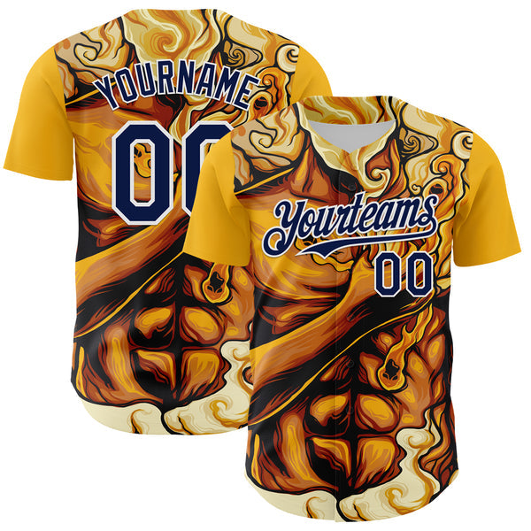 Maxcorners Custom Gold Navy-White 3D Pattern Design Burner Costumes Flame Authentic Baseball Jersey
 LM0609