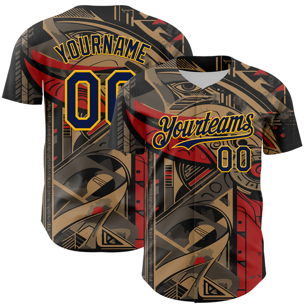 Maxcorners Custom Black Navy-Yellow 3D Pattern Design Burner Costumes Abstract Shape Authentic Baseball Jersey
 LM0609