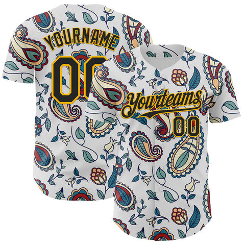 Maxcorners Custom White Black-Yellow 3D Pattern Design Burner Costumes Paisley Bandana Authentic Baseball Jersey
 LM0609