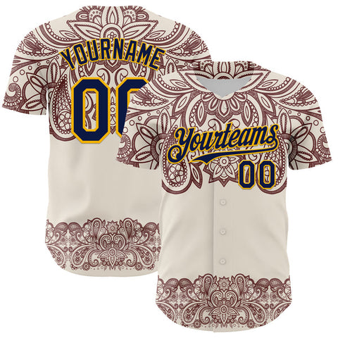 Maxcorners Custom Cream Navy Red-Yellow 3D Pattern Design Burner Costumes Paisley Bandana Authentic Baseball Jersey
 LM0609