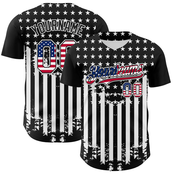 Maxcorners Custom Black USA Flag-White 3D Retro American Flag Authentic Baseball Jersey
 LM0609