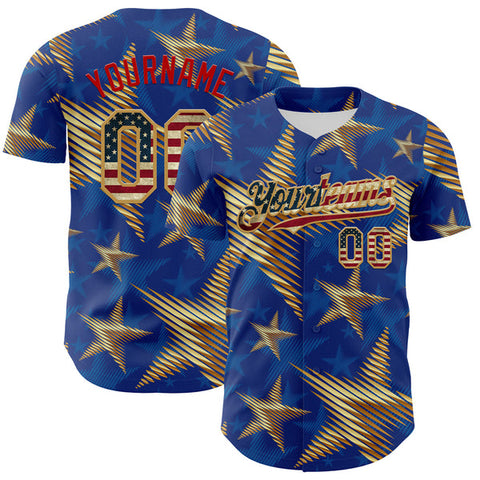 Maxcorners Custom Royal Vintage USA Flag Old Gold-Red 3D American Flag America-Inspired Stars Authentic Baseball Jersey
 LM0609