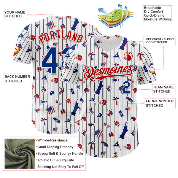Maxcorners Custom White Black Pinstripe Royal-Red 3D American Flag Statue Of Liberty Premium Baseball Jersey LM0210
