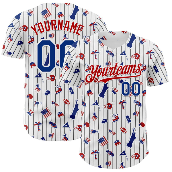 Maxcorners Custom White Black Pinstripe Royal-Red 3D American Flag Statue Of Liberty Premium Baseball Jersey LM0210