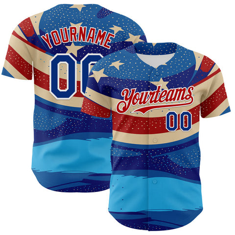 Maxcorners Custom Blue Royal Red-White 3D Retro American Flag Authentic Baseball Jersey
 LM0609