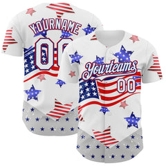 Maxcorners Custom White Royal-Fire Red 3D American Flag Stars Authentic Baseball Jersey LM0609