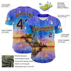 Maxcorners Custom Blue Dark Purple-Gold 3D Pattern Design Manhattan Bridge New York Sunset Premium Baseball Jersey LM0210