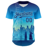 Maxcorners Custom Blue Royal-Ice Blue 3D Pattern Design New York Cityscape Statue Of Liberty Premium Baseball Jersey LM0210