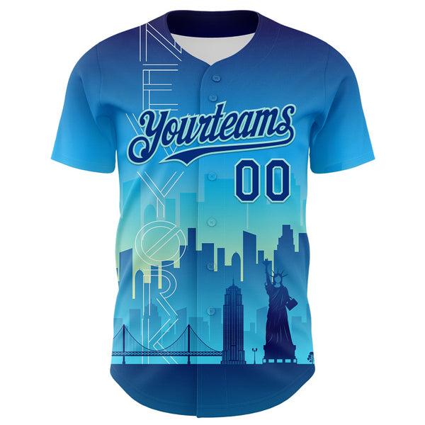 Maxcorners Custom Blue Royal-Ice Blue 3D Pattern Design New York Cityscape Statue Of Liberty Premium Baseball Jersey LM0210