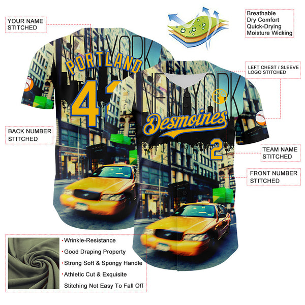 Maxcorners Custom Green Gold-Thunder Blue 3D Pattern Design New York Cityscape Statue Of Liberty Premium Baseball Jersey LM0210