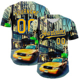Maxcorners Custom Green Gold-Thunder Blue 3D Pattern Design New York Cityscape Statue Of Liberty Premium Baseball Jersey LM0210