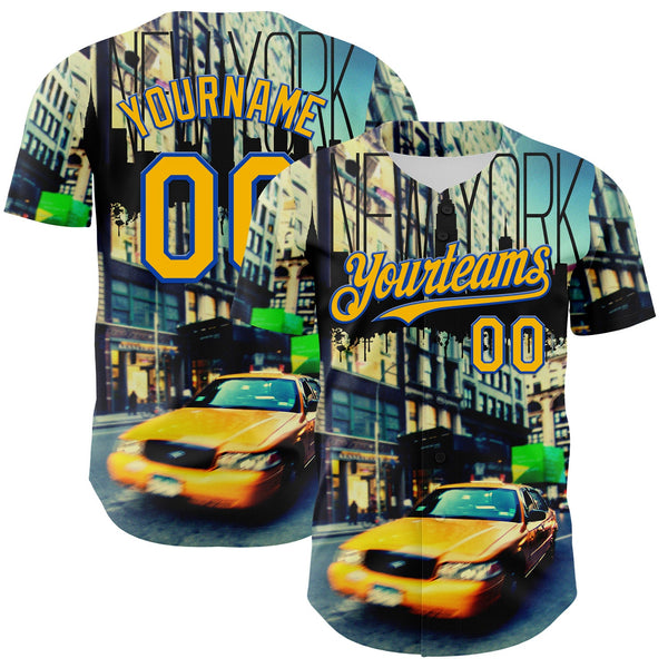 Maxcorners Custom Green Gold-Thunder Blue 3D Pattern Design New York Cityscape Statue Of Liberty Premium Baseball Jersey LM0210