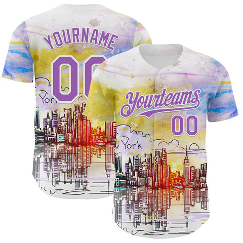 Maxcorners Custom White Medium Purple 3D Pattern Design New York Cityscape Sunrise Authentic Baseball Jersey
 LM0609