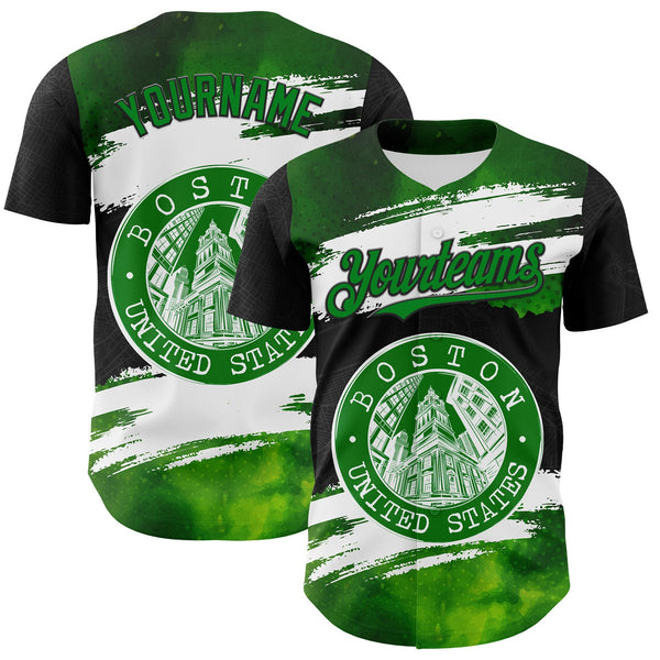 Maxcorners Custom Black Grass Green-White 3D Pattern Design Boston Cityscape Stamp Premium Baseball Jersey LM0210