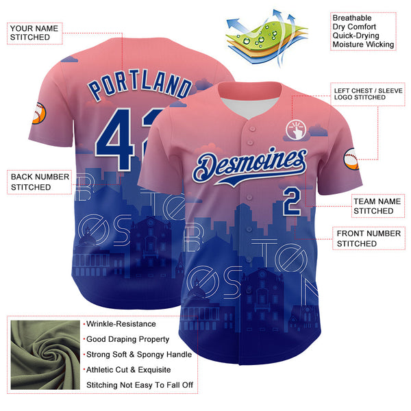 Maxcorners Custom Pink Royal Blue-White 3D Pattern Design Boston Cityscape Sunset Premium Baseball Jersey LM0210