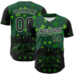 Maxcorners Custom Black White-Grass Green 3D Pattern Design Boston Cityscape Shamrock Authentic St. Patrick's Day Baseball Jersey LM0609