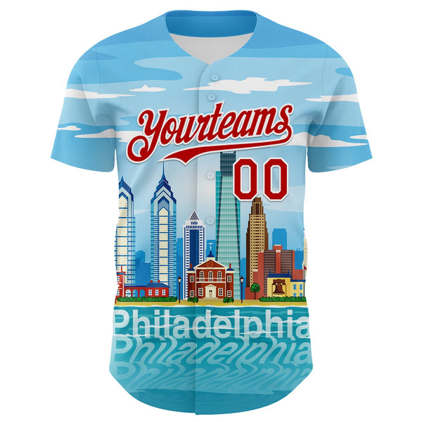 Maxcorners Custom Blue Red-White 3D Pattern Design Philadelphia Cityscape Skyline Premium Baseball Jersey LM0210