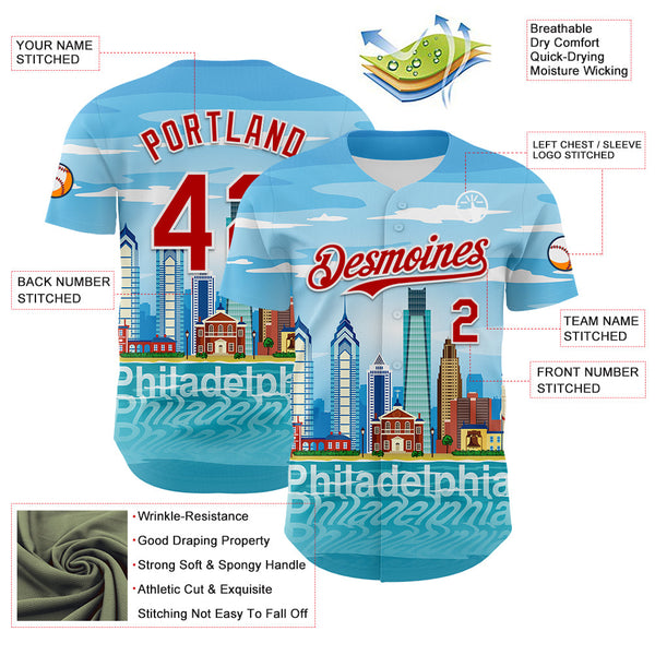 Maxcorners Custom Blue Red-White 3D Pattern Design Philadelphia Cityscape Skyline Premium Baseball Jersey LM0210