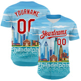 Maxcorners Custom Blue Red-White 3D Pattern Design Philadelphia Cityscape Skyline Premium Baseball Jersey LM0210