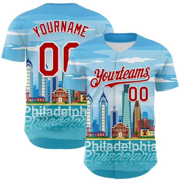 Maxcorners Custom Blue Red-White 3D Pattern Design Philadelphia Cityscape Skyline Premium Baseball Jersey LM0210