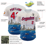 Maxcorners Custom White Fire Red-Blue 3D Pattern Design Detroit Cityscape Skyline Premium Baseball Jersey LM0210