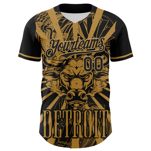 Maxcorners Custom Black Old Gold 3D Pattern Design Detroit Cityscape Steampunk Engine Bull Premium Baseball Jersey LM0210
