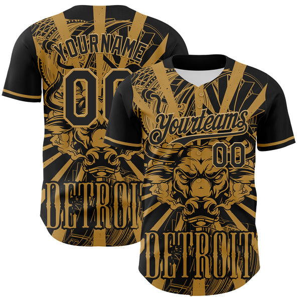 Maxcorners Custom Black Old Gold 3D Pattern Design Detroit Cityscape Steampunk Engine Bull Authentic Baseball Jersey
 LM0609