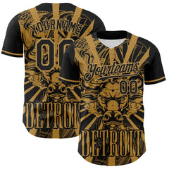 Maxcorners Custom Black Old Gold 3D Pattern Design Detroit Cityscape Steampunk Engine Bull Premium Baseball Jersey LM0210