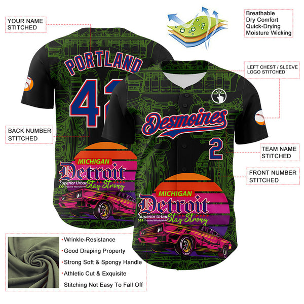 Maxcorners Custom Black Royal Green Fire Red-White 3D Pattern Design Detroit Cityscape Muscle Car Engine Premium Baseball Jersey LM0210