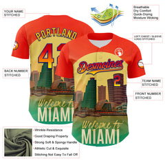 Maxcorners Custom Orange Green Yellow-Dark Purple 3D Pattern Design Gradient Miami Cityscape Sunset Premium Baseball Jersey LM0210