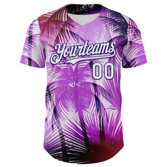 Maxcorners Custom Purple White-Dark Purple 3D Pattern Design Gradient Miami Cityscape Hawaii Tropical Palm Tree Premium Baseball Jersey LM0210