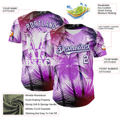 Maxcorners Custom Purple White-Dark Purple 3D Pattern Design Gradient Miami Cityscape Hawaii Tropical Palm Tree Premium Baseball Jersey LM0210