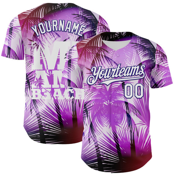 Maxcorners Custom Purple White-Dark Purple 3D Pattern Design Gradient Miami Cityscape Hawaii Tropical Palm Tree Authentic Baseball Jersey
 LM0609