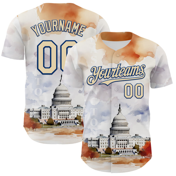 Maxcorners Custom White Cream-Royal 3D Pattern Design Washington Cityscape United States Capitol Authentic Baseball Jersey
 LM0609