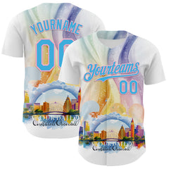 Maxcorners Custom White Sky Blue-Light Pink 3D Pattern Design Orlando Cityscape Skyline Authentic Baseball Jersey LM0609
