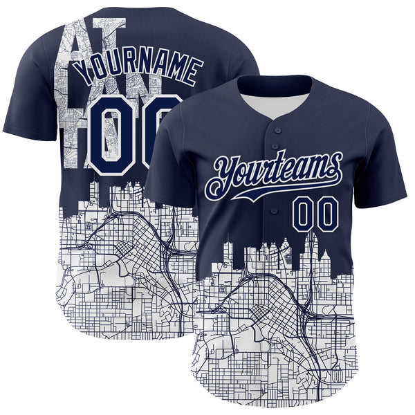 Maxcorners Custom Navy White 3D Pattern Design Atlanta Cityscape Urban Map Authentic Baseball Jersey LM0609