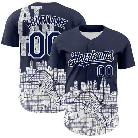 Maxcorners Custom Navy White 3D Pattern Design Atlanta Cityscape Urban Map Authentic Baseball Jersey LM0609