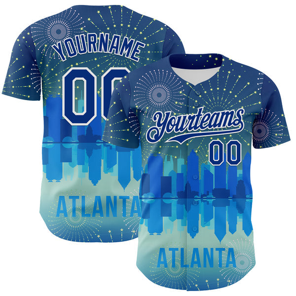 Maxcorners Custom Blue Royal-White 3D Pattern Design Atlanta Cityscape Fireworks Authentic Baseball Jersey LM0609