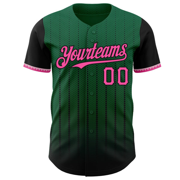 Maxcorners Custom Kelly Green Pink-Black 3D Pattern Design Gradient Geometric Shape Premium Baseball Jersey LM0210