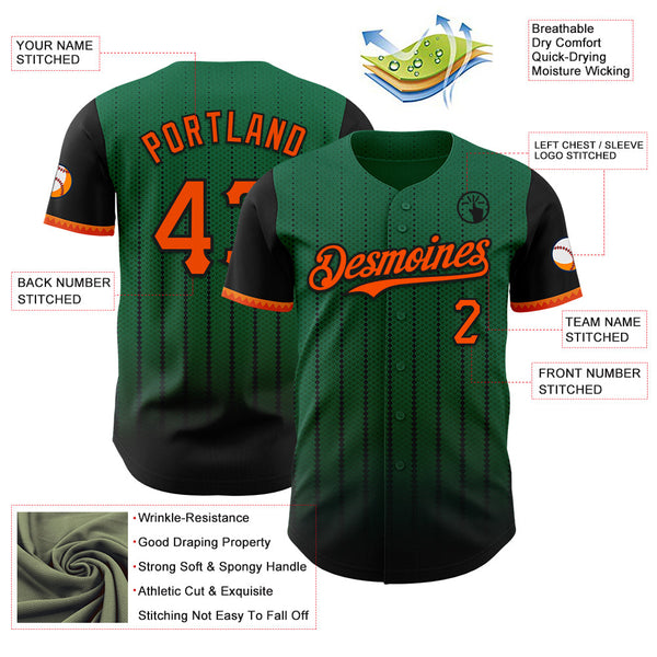 Maxcorners Custom Kelly Green Orange-Black 3D Pattern Design Gradient Geometric Shape Premium Baseball Jersey LM0210