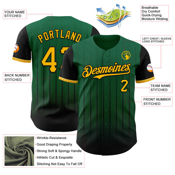 Maxcorners Custom Kelly Green Gold-Black 3D Pattern Design Gradient Geometric Shape Premium Baseball Jersey LM0210