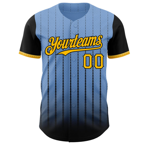 Maxcorners Custom Light Blue Gold-Black 3D Pattern Design Gradient Geometric Shape Premium Baseball Jersey LM0210